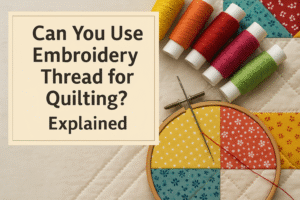 “Colorful spools of embroidery thread with a quilt and hoop, asking 'Can You Use Embroidery Thread for Quilting?'