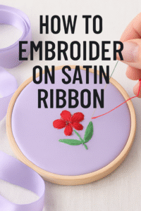 Hand embroidering a red flower on lavender satin ribbon in a wooden hoop with text overlay 'How to Embroider on Satin Ribbon'.